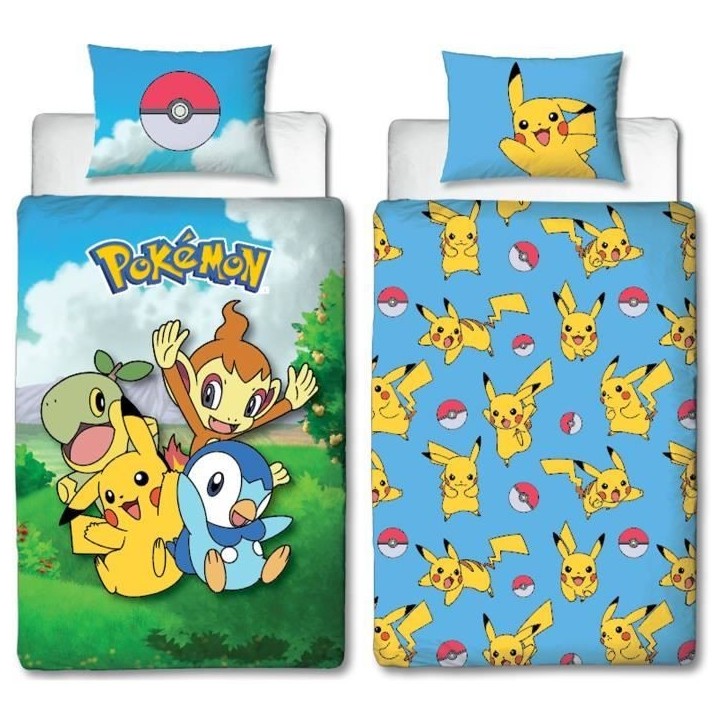 Parure de lit réversible - POKEMON - Pikachu et ses amis - Microfibre - 1 housse de couette 140 x 200 cm + 1 taie 63 x 63 cm