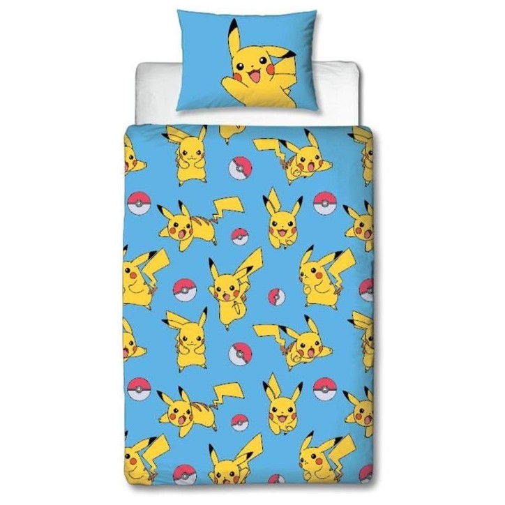 Parure de lit réversible - POKEMON - Pikachu et ses amis - Microfibre - 1 housse de couette 140 x 200 cm + 1 taie 63 x 63 cm