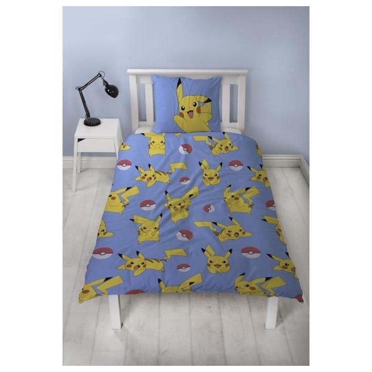 Parure de lit réversible - POKEMON - Pikachu et ses amis - Microfibre - 1 housse de couette 140 x 200 cm + 1 taie 63 x 63 cm
