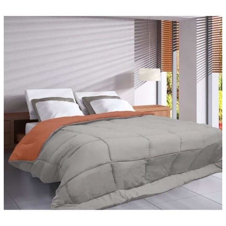 POYET MOTTE Couette Microfibre 400g/m² CALGARY - 140 x 200 cm - Gris galet et Marron gimgembre
