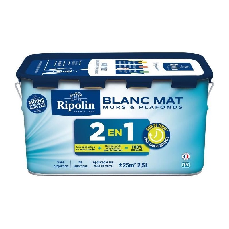 Peinture 2 en 1 murs et plafonds - Blanc mat - RIPOLIN - 2,5 L Peinture 2 en 1 murs et plafonds - Blanc mat - RIPOLIN - 2,5 L