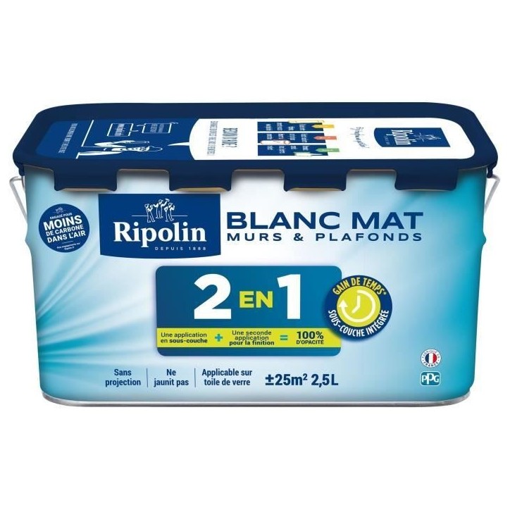Peinture 2 en 1 murs et plafonds - Blanc mat - RIPOLIN - 2,5 L