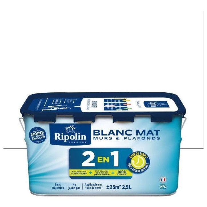 Peinture 2 en 1 murs et plafonds - Blanc mat - RIPOLIN - 2,5 L