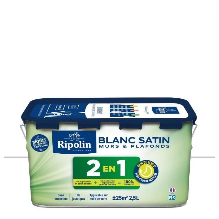 Peinture 2 en 1 murs et plafonds - Blanc satin - RIPOLIN - 2,5 L