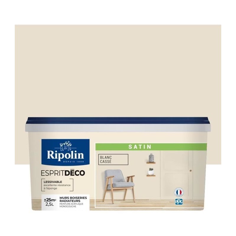 RIPOLIN Peinture murale pour toutes pieces - Blanc cassé satin - 2,5 RIPOLIN Peinture murale pour toutes pieces - Blanc cassé satin - 2,5