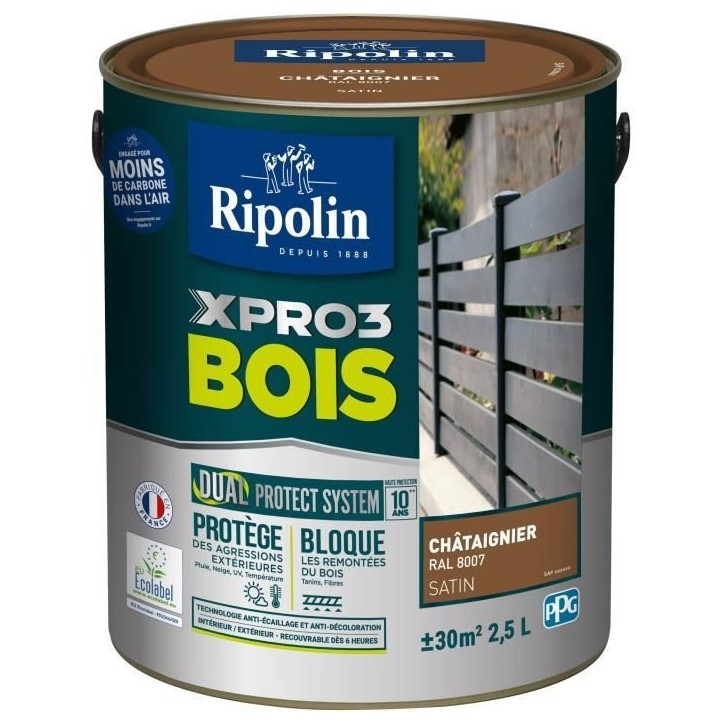 Peinture bois - RIPOLIN - 8007 - Châtaignier - Satiné - 2,5L