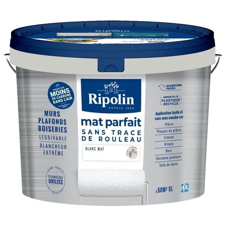 Peinture murs & plafonds parfait - RIPOLIN - 441725 - Blanc - Mat - 5 L