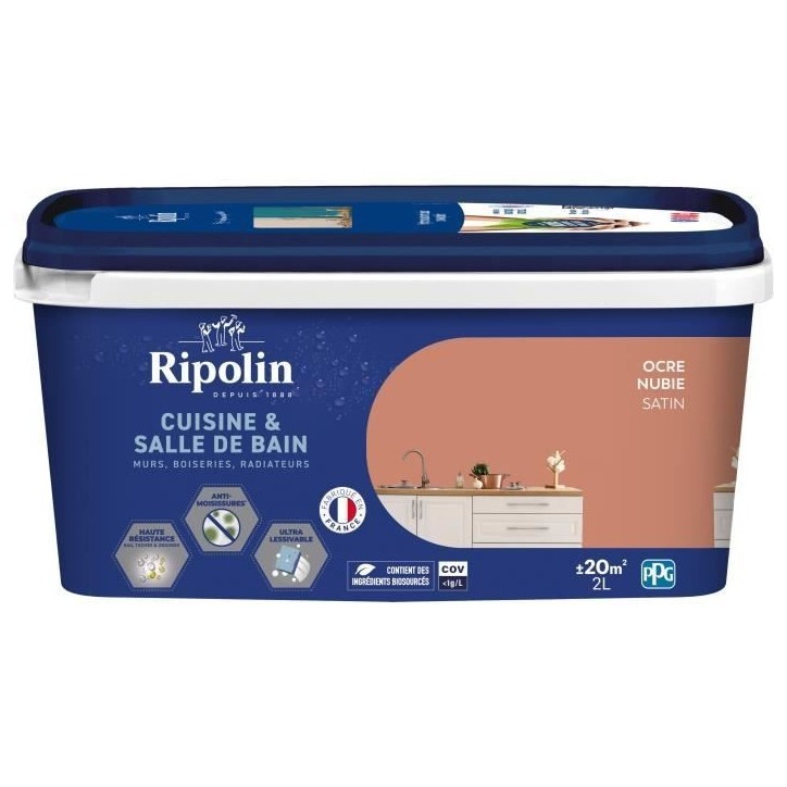 Peinture murs, boiseries, plafonds, radiateurs - RIPOLIN - Cuisine et bain - 2 L - Ocre Nubie