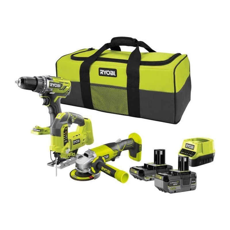 RYOBI 3 outils : 1 perceuse-visseuse R18DD3 + 1 meuleuse 115 mm + 1 sc RYOBI 3 outils : 1 perceuse-visseuse R18DD3 + 1 meuleuse 115 mm + 1 sc