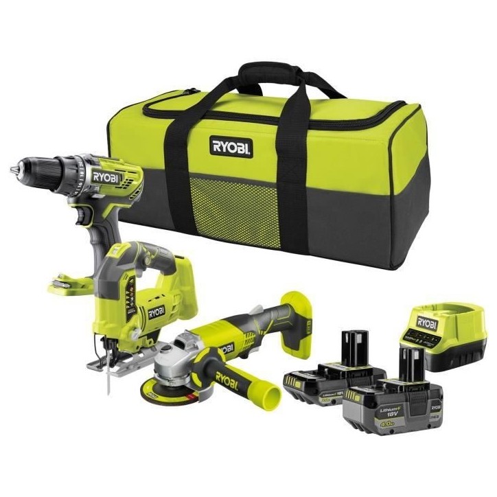 RYOBI 3 outils : 1 perceuse-visseuse R18DD3 + 1 meuleuse 115 mm + 1 scie sauteuse + 2 batteries 4 Ah & 2 Ah + 1 chargeur & 1 sac