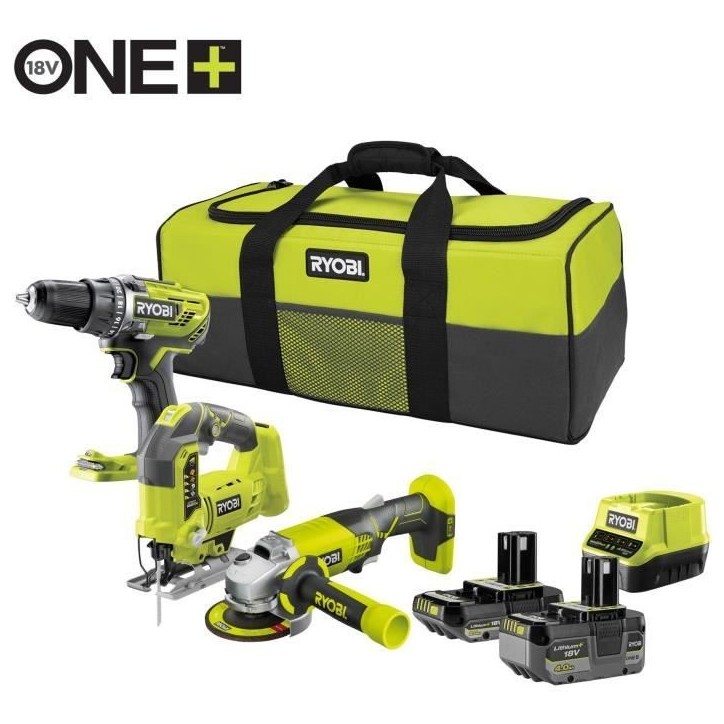 RYOBI 3 outils : 1 perceuse-visseuse R18DD3 + 1 meuleuse 115 mm + 1 scie sauteuse + 2 batteries 4 Ah & 2 Ah + 1 chargeur & 1 sac