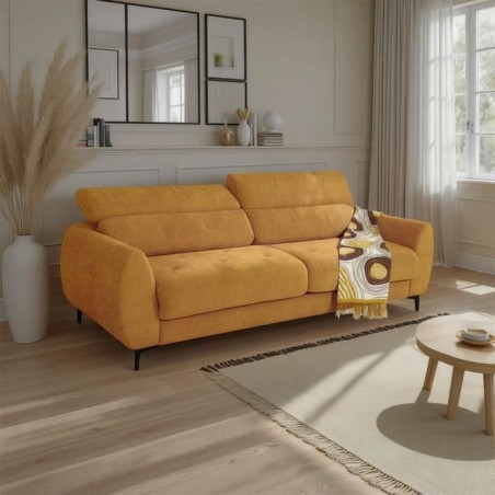 Canapé convertible express - 2 / 3 places - SAFIA - Tissu gauffré - Ocre - Matelas 15 cm - 206 x 105 x 76/94 cm - DUNLOPILLO