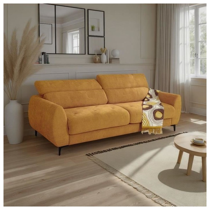 Canapé convertible express - 2 / 3 places - SAFIA - Tissu gauffré - Ocre - Matelas 15 cm - 206 x 105 x 76/94 cm - DUNLOPILLO