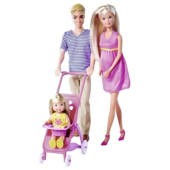 Steffi enceinte poupée 29 cm , avec Kevin 30 cm Evi 12 cm dans sa poussette 105733673 Simba Toys