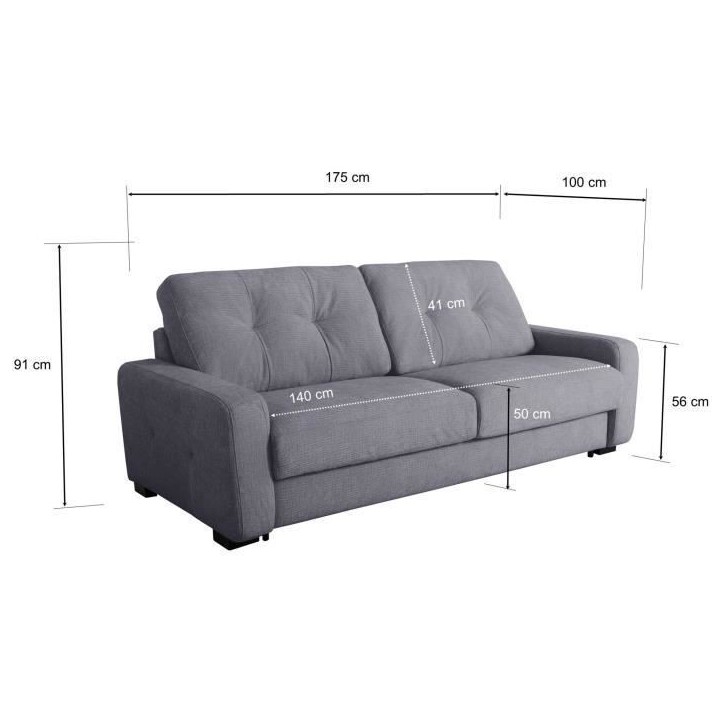 Canapé convertible express - 2/3 places - SOA - Tissu gauffré - Gris souris - Matelas 15 cm - 195 x 100 x 91 cm - DUNLOPILLO