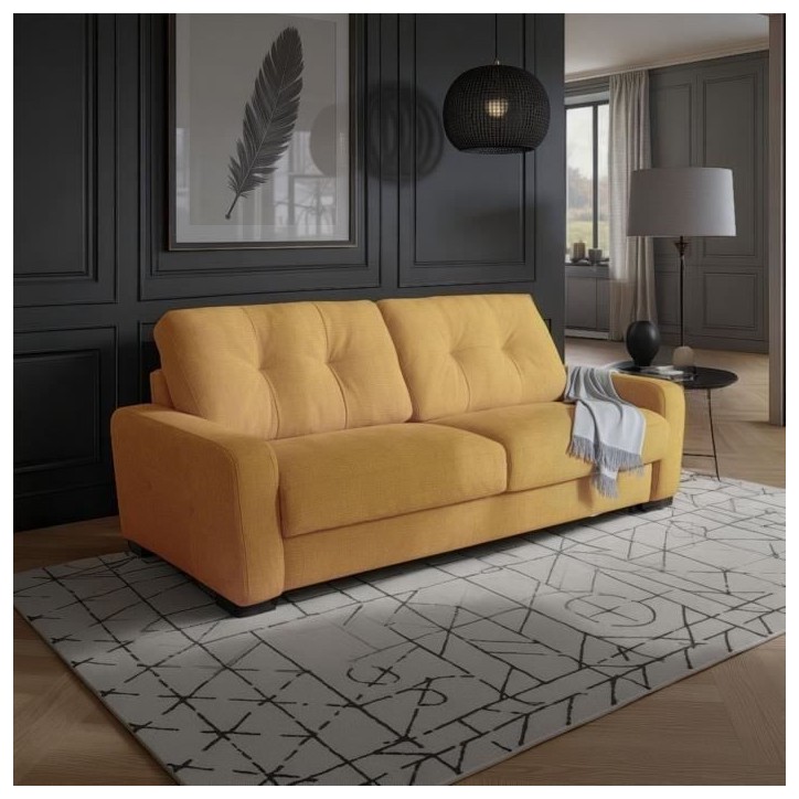 Canapé convertible express - 3 places - SOA - Tissu gauffré - Ocre - Matelas 15 cm - 215 x 100 x 91 cm - DUNLOPILLO