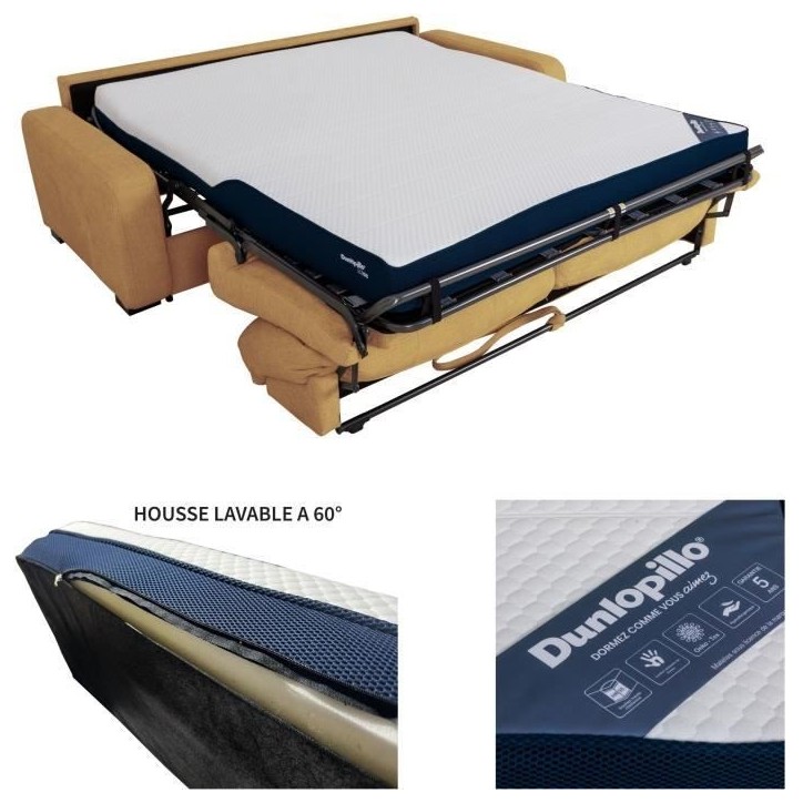 Canapé convertible express - 3 places - SOA - Tissu gauffré - Ocre - Matelas 15 cm - 215 x 100 x 91 cm - DUNLOPILLO