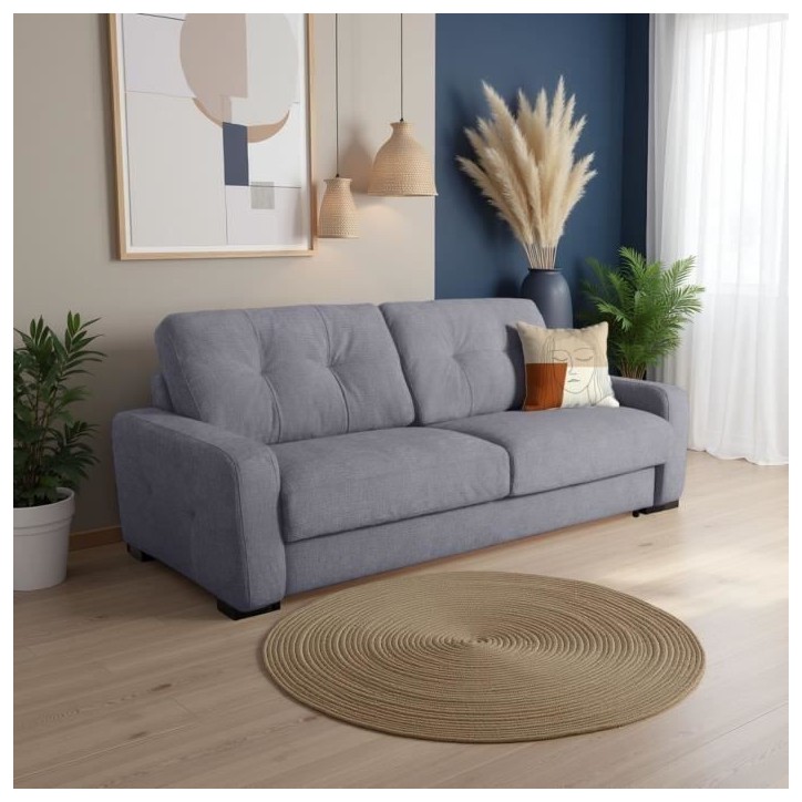 Canapé convertible express - 3 places - SOA - Tissu gauffré - Gris souris - Matelas 15 cm - 215 x 100 x 91 cm - DUNLOPILLO