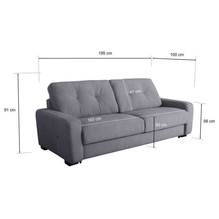 Canapé convertible express - 3 places - SOA - Tissu gauffré - Gris souris - Matelas 15 cm - 215 x 100 x 91 cm - DUNLOPILLO