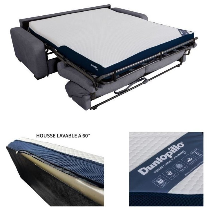 Canapé convertible express - 3 places - SOA - Tissu gauffré - Gris souris - Matelas 15 cm - 215 x 100 x 91 cm - DUNLOPILLO