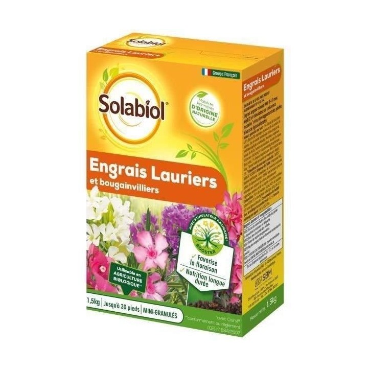 SOLABIOL SOLAURY15 Engrais Lauriers et Bougainvilliers 100% Organique | Action Longue Duree, 1,5 Kg SOLABIOL SOLAURY15 Engrais Lauriers et Bougainvilliers 100% Organique | Action Longue Duree, 1,5 Kg