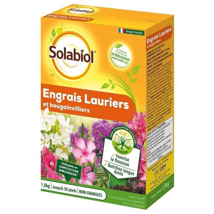 SOLABIOL SOLAURY15 Engrais Lauriers et Bougainvilliers 100% Organique | Action Longue Duree, 1,5 Kg SOLABIOL SOLAURY15 Engrais Lauriers et Bougainvilliers 100% Organique | Action Longue Duree, 1,5 Kg