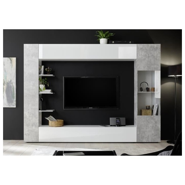 Composition murale TV SIENNA - Laqué blanc et béton - L295 x P30 x H187 cm Composition murale TV SIENNA - Laqué blanc et béton - L295 x P30 x H187 cm