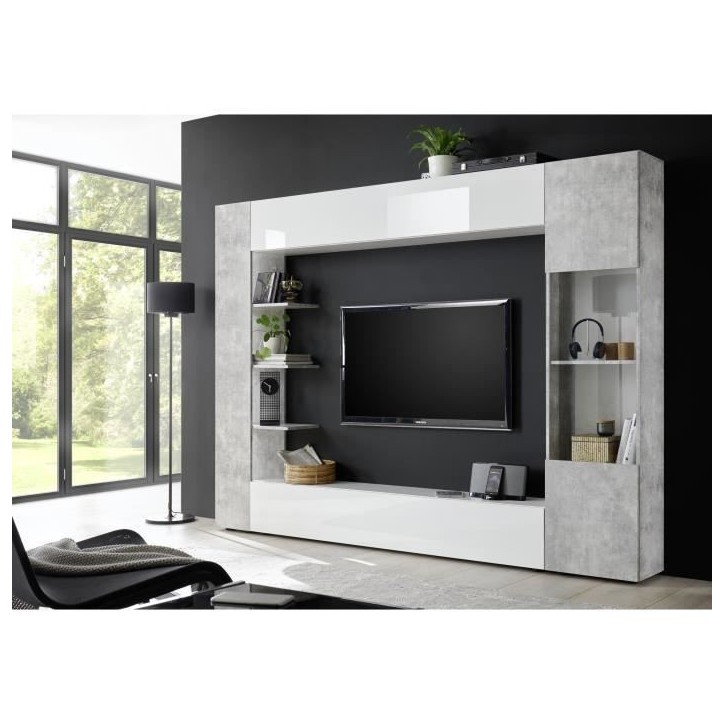 Composition murale TV SIENNA - Laqué blanc et béton - L295 x P30 x H187 cm Composition murale TV SIENNA - Laqué blanc et béton - L295 x P30 x H187 cm