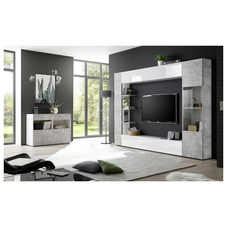 Composition murale TV SIENNA - Laqué blanc et béton - L295 x P30 x H187 cm Composition murale TV SIENNA - Laqué blanc et béton - L295 x P30 x H187 cm