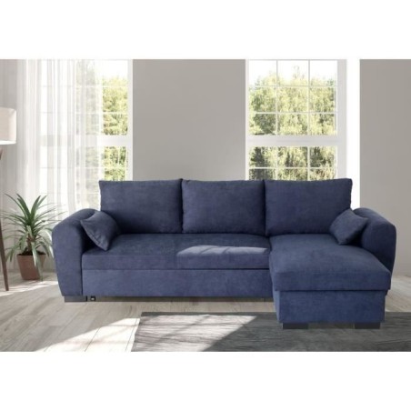 Canapé d'angle convertible réversible MAX - Méridienne avec coffre - Tissu bleu - L 240 x P 143 x H 85 cm