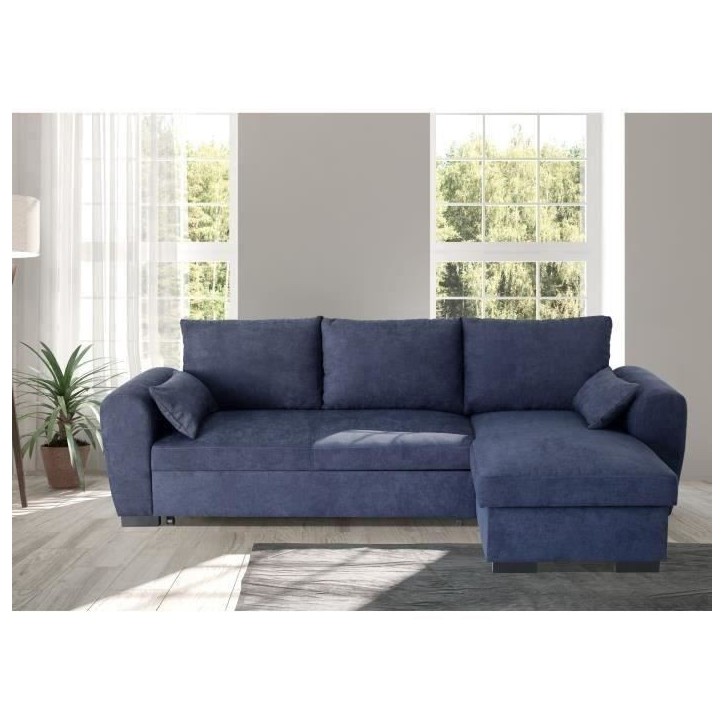 Canapé d'angle convertible réversible MAX - Méridienne avec coffre - Tissu bleu - L 240 x P 143 x H 85 cm
