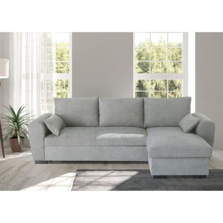 Canapé d'angle convertible réversible MAX - Méridienne avec coffre - Tissu gris clair - L 240 x P 143 x H 85 cm