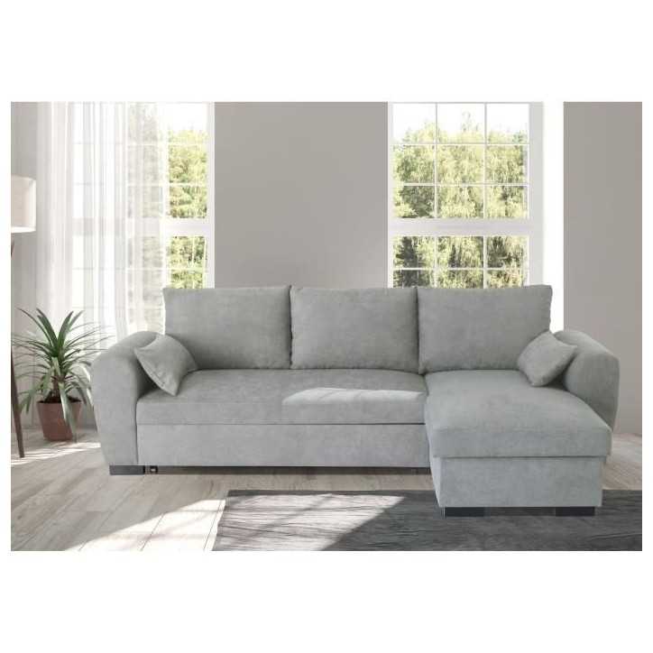 Canapé d'angle convertible réversible MAX - Méridienne avec coffre - Tissu gris clair - L 240 x P 143 x H 85 cm