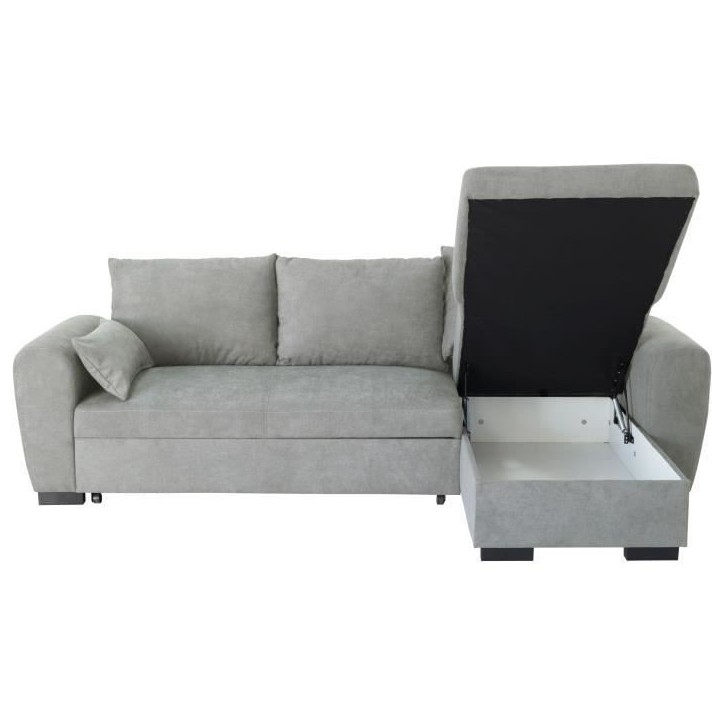 Canapé d'angle convertible réversible MAX - Méridienne avec coffre - Tissu gris clair - L 240 x P 143 x H 85 cm