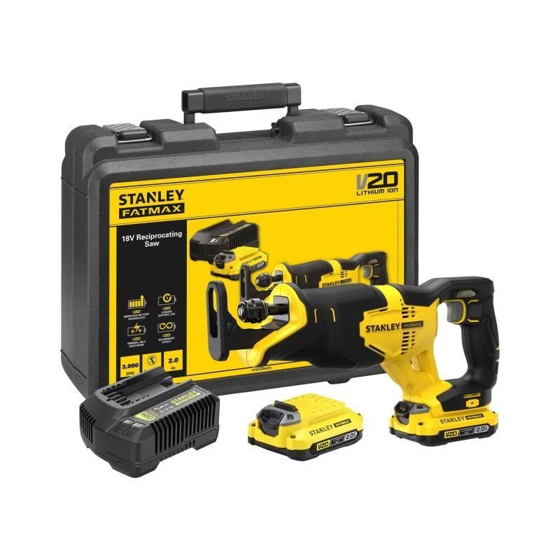 Scie sabre sans fil + 2 batteries 2Ah + chargeur - Stanley Fatmax - SF Scie sabre sans fil + 2 batteries 2Ah + chargeur - Stanley Fatmax - SF