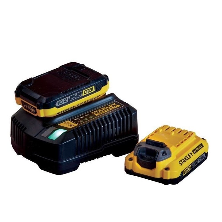 Pack 2 batteries 18V 2 Ah + chargeur 2A - Stanley Fatmax - Compatible avec la gamme STANLEY FATMAX V20 - SFMCB12D2-QW