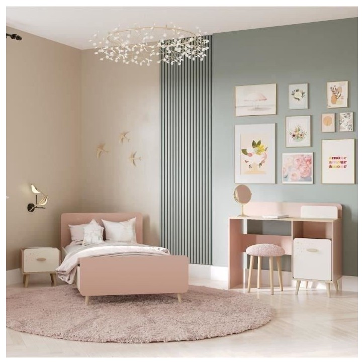 Chambre complete enfant - SUZIE - Lit 90 x 190 cm / Chevet / Bureau - Chene / Abricot - DEMEYERE