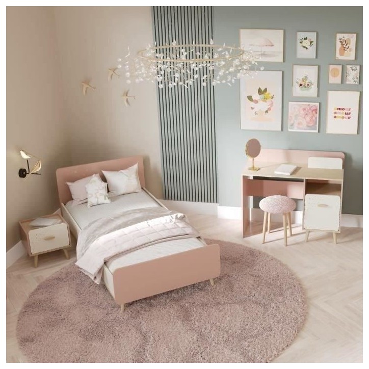 Chambre complete enfant - SUZIE - Lit 90 x 190 cm / Chevet / Bureau - Chene / Abricot - DEMEYERE