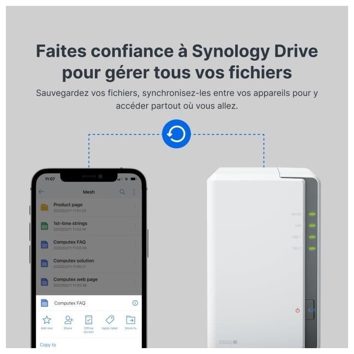 Serveur NAS - SYNOLOGY - DS223J - 2 baies - SATA 6Gb/s - RAID 1 - RAM 1 Go Serveur NAS - SYNOLOGY - DS223J - 2 baies - SATA 6Gb/s - RAID 1 - RAM 1 Go