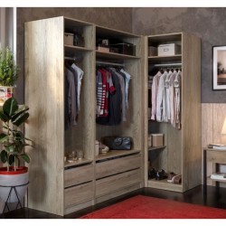Module armoire d'angle - Chene - 3 étageres - 1 tringle a vetements -