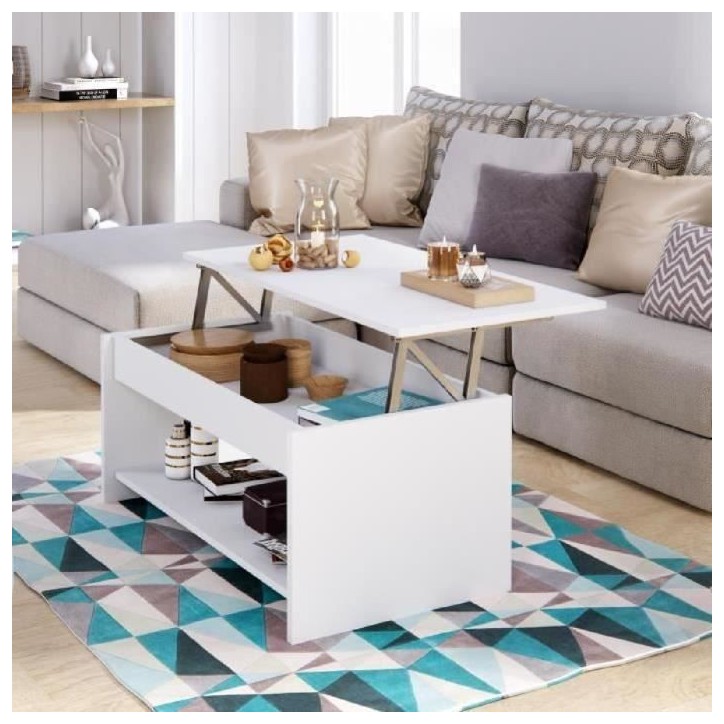 Table basse relevable - Style contemporain blanc mat - L 100 x P50 x H44cm - HAPPY Table basse relevable - Style contemporain blanc mat - L 100 x P50 x H44cm - HAPPY