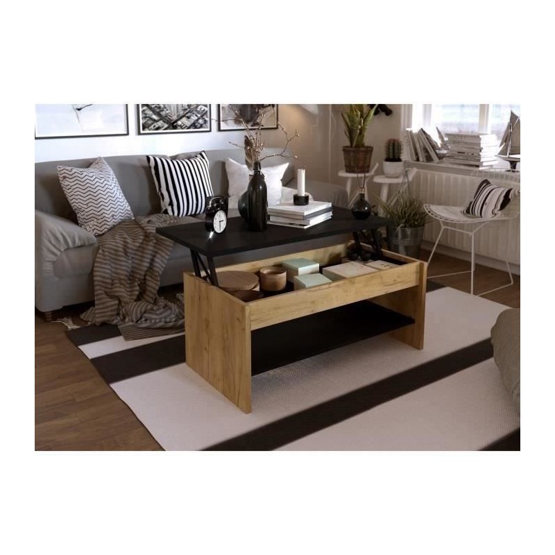 Table basse - Décor chene et noir - Relevable - L 100 x P 50 x H 44 c