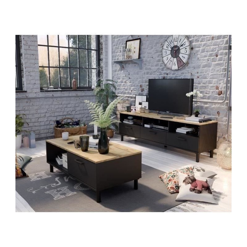 Ensemble Meuble TV+Table basse OXFORD - Style industriel - Mélaminé