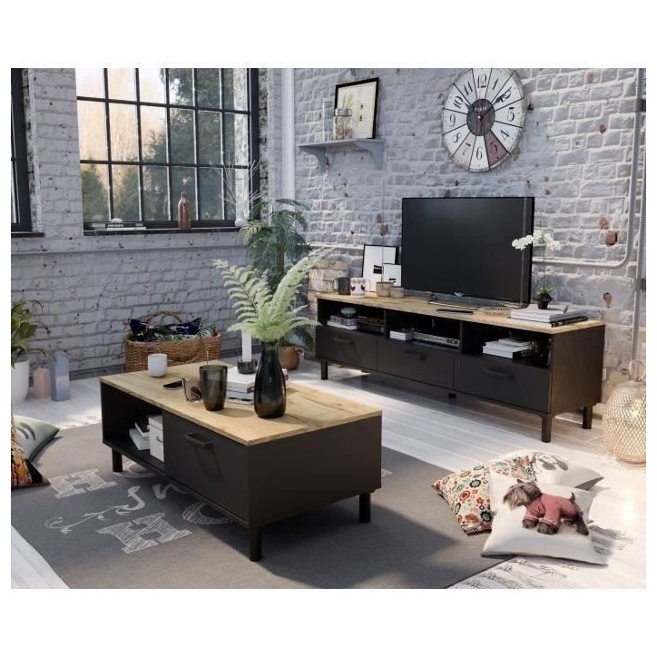 Ensemble Meuble TV+Table basse OXFORD - Style industriel - Mélaminé chene noir - Table Basse: L110 cm et Meuble Tv 159 cm Ensemble Meuble TV+Table basse OXFORD - Style industriel - Mélaminé chene noir - Table Basse: L110 cm et Meuble Tv 159 cm
