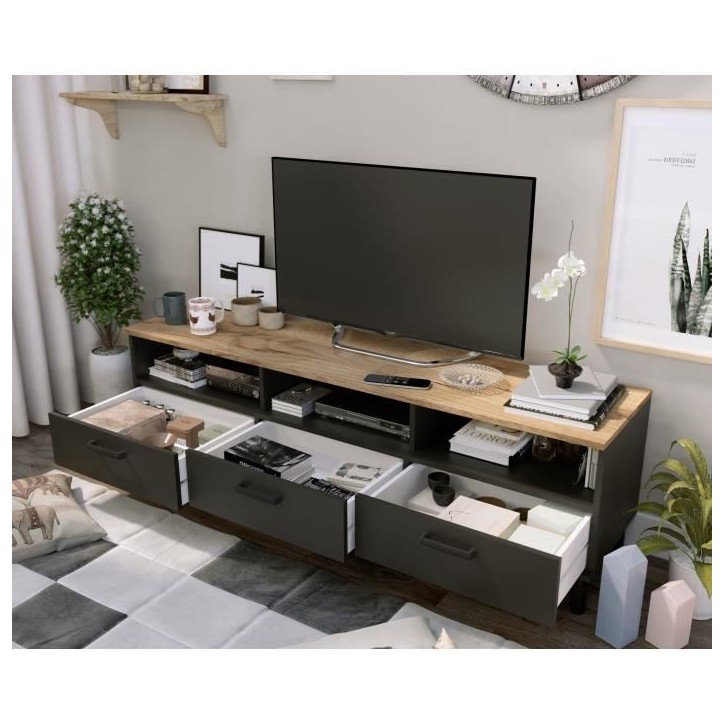 Ensemble Meuble TV+Table basse OXFORD - Style industriel - Mélaminé chene noir - Table Basse: L110 cm et Meuble Tv 159 cm Ensemble Meuble TV+Table basse OXFORD - Style industriel - Mélaminé chene noir - Table Basse: L110 cm et Meuble Tv 159 cm