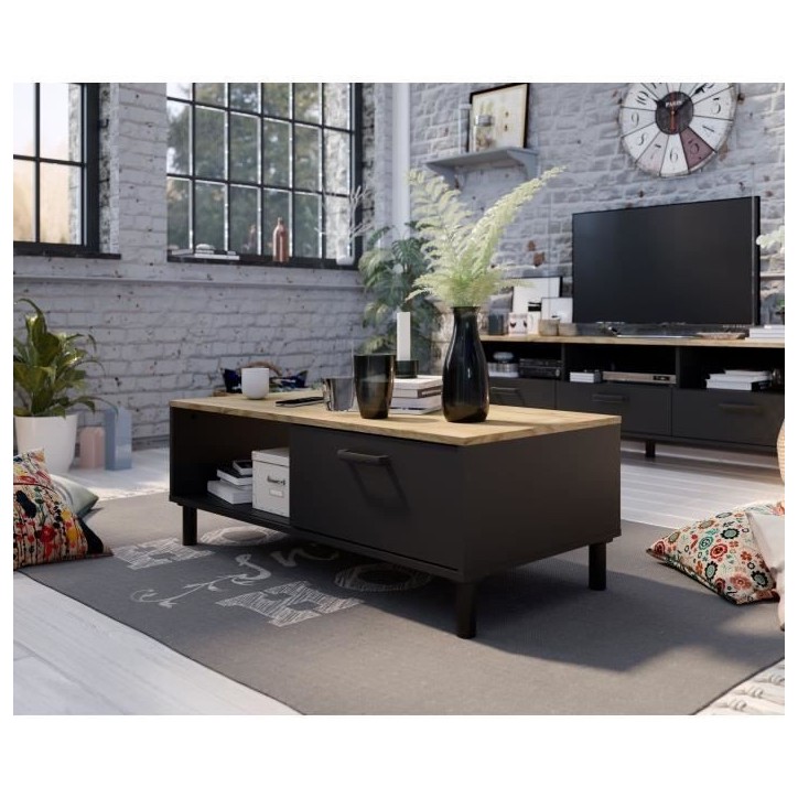 Ensemble Meuble TV+Table basse OXFORD - Style industriel - Mélaminé chene noir - Table Basse: L110 cm et Meuble Tv 159 cm Ensemble Meuble TV+Table basse OXFORD - Style industriel - Mélaminé chene noir - Table Basse: L110 cm et Meuble Tv 159 cm