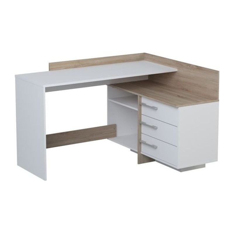 Bureau d'angle 3 tiroirs - Décor chene et blanc - L 128,5 x P 105,7 x