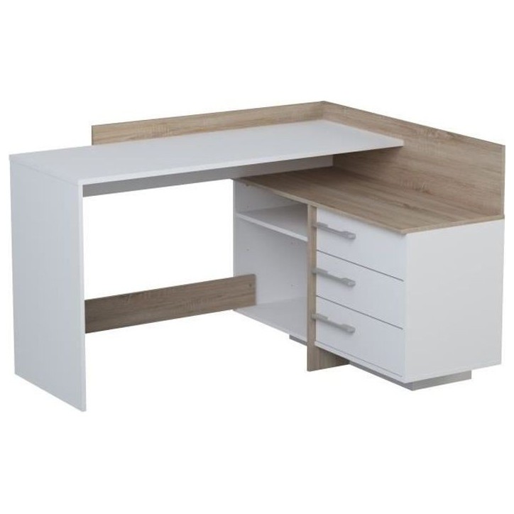 Bureau d'angle 3 tiroirs - Décor chene et blanc - L 128,5 x P 105,7 x H 83,2 cm - THALES