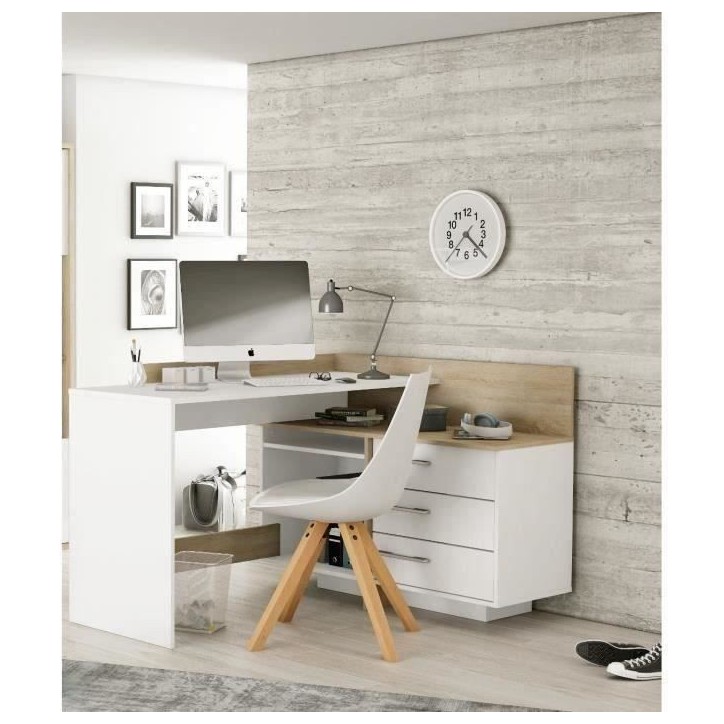 Bureau d'angle 3 tiroirs - Décor chene et blanc - L 128,5 x P 105,7 x H 83,2 cm - THALES