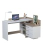 Bureau d'angle 3 tiroirs - Décor chene et blanc - L 128,5 x P 105,7 x H 83,2 cm - THALES Bureau d'angle 3 tiroirs - Décor chene et blanc - L 128,5 x P 105,7 x H 83,2 cm - THALES